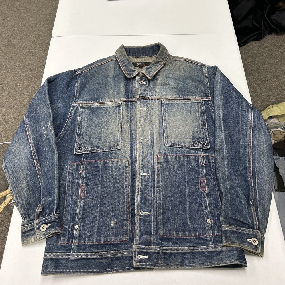 FUBU Jeans Denim Chore Jacket Mens Medium Blue Distressed Vintage 90s Streetwear